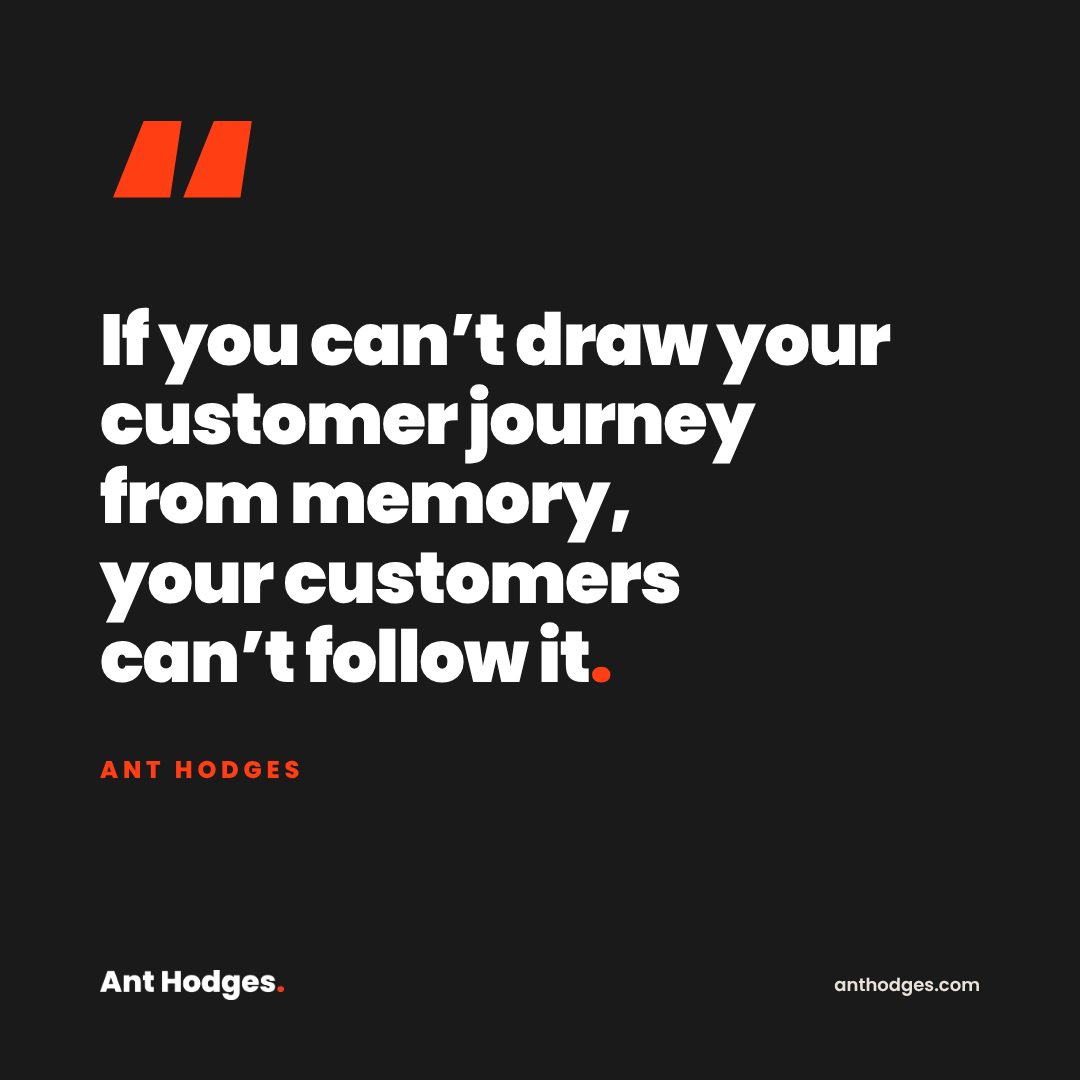 Quote card from Ant Hodges: If you can't draw your customer journey from memory, your customers can't follow it.
