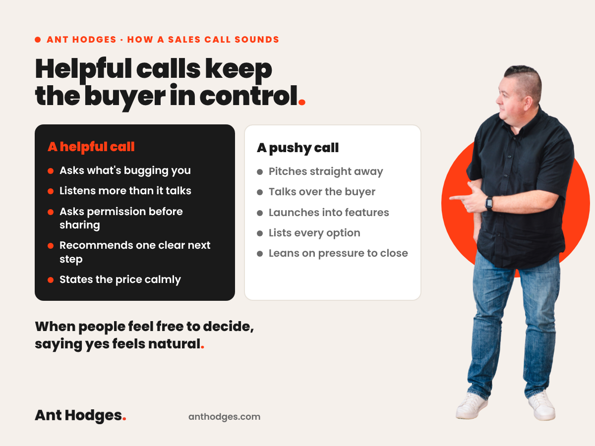 What a helpful sales call sounds like, by Ant Hodges: asking about the problem, listening more than talking, asking permission before sharing a solution, recommending one clear next step and talking about price calmly, compared with what a pushy call sounds like.