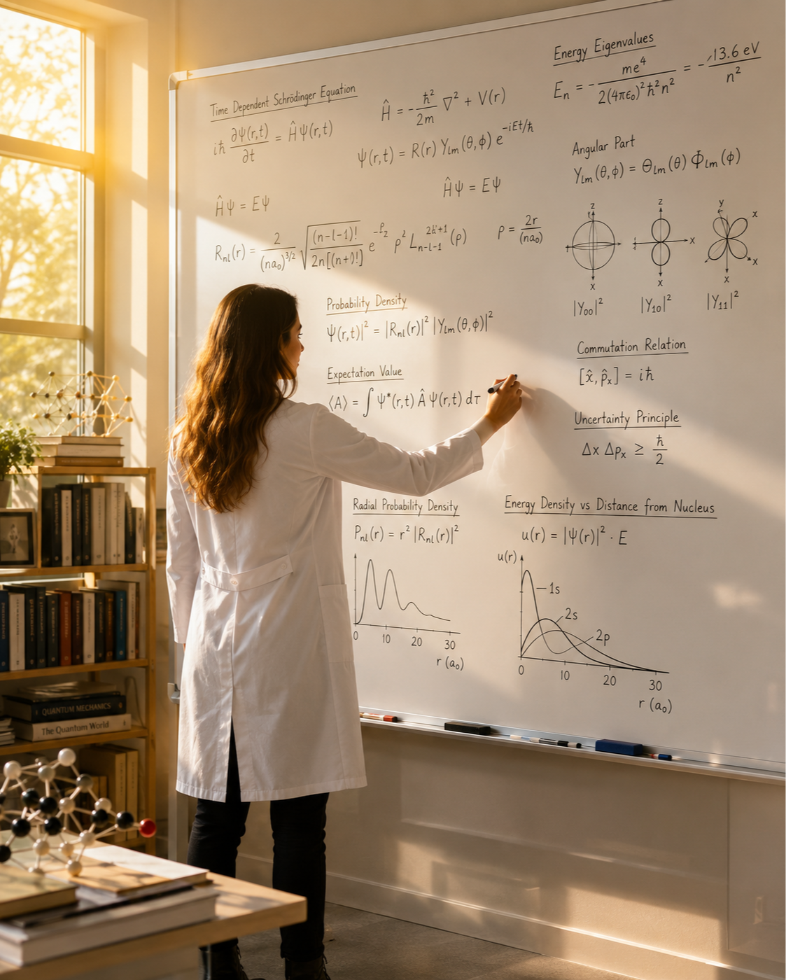 Whiteboard covered in wave equations and frequency diagrams
