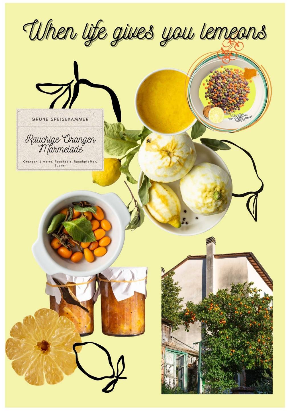 Collage mit Zitronen, Kumquats, rauchiger Orangenmarmelade und einem Zitrusbaum in ItalienCollage zum eBook Zitrusfruechte Kueche mit Zitronenbaum, Vorratsglaesern und Impressionen aus ItalienCollage aus Buchseiten und zwei Postkarten zum Buch „Frauen sind aus Schweden"