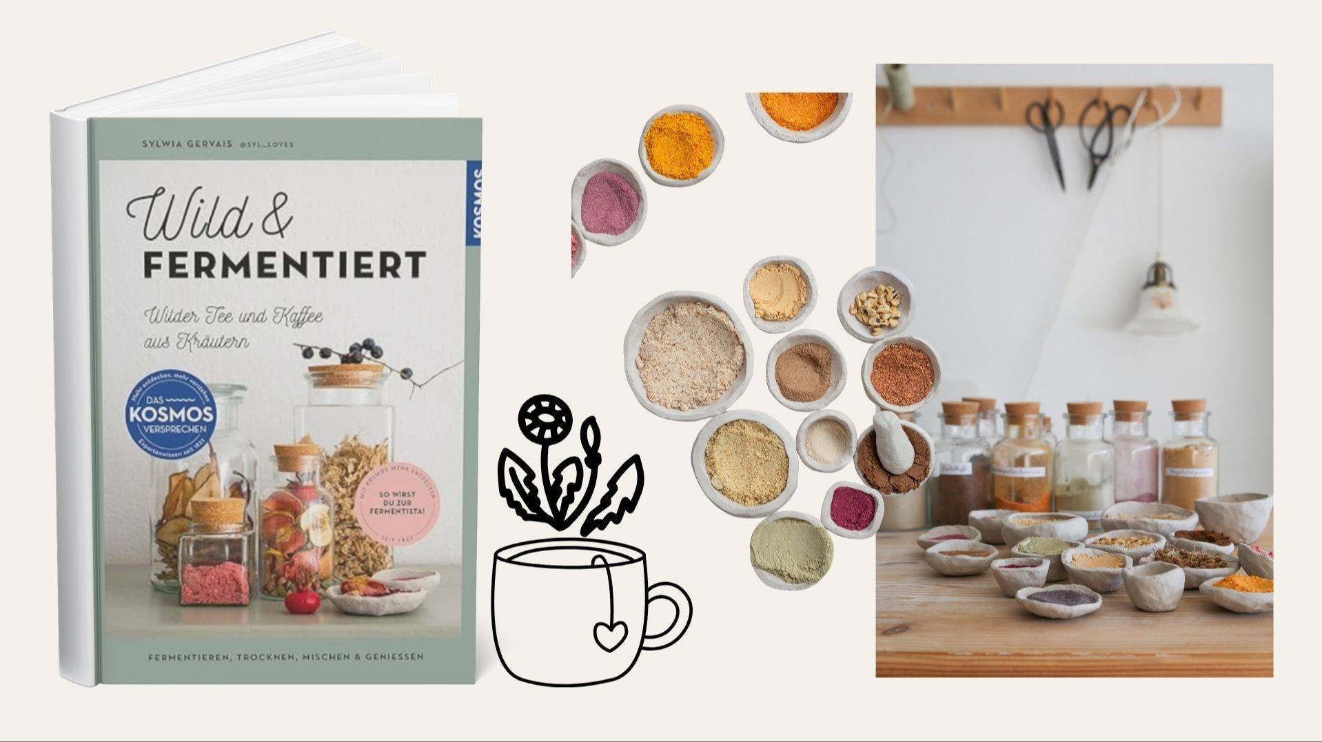 Buch Wild und Fermentiert von Sylwia Gervais neben Schälchen mit Kräuterpulvern und Vorratsgläsern