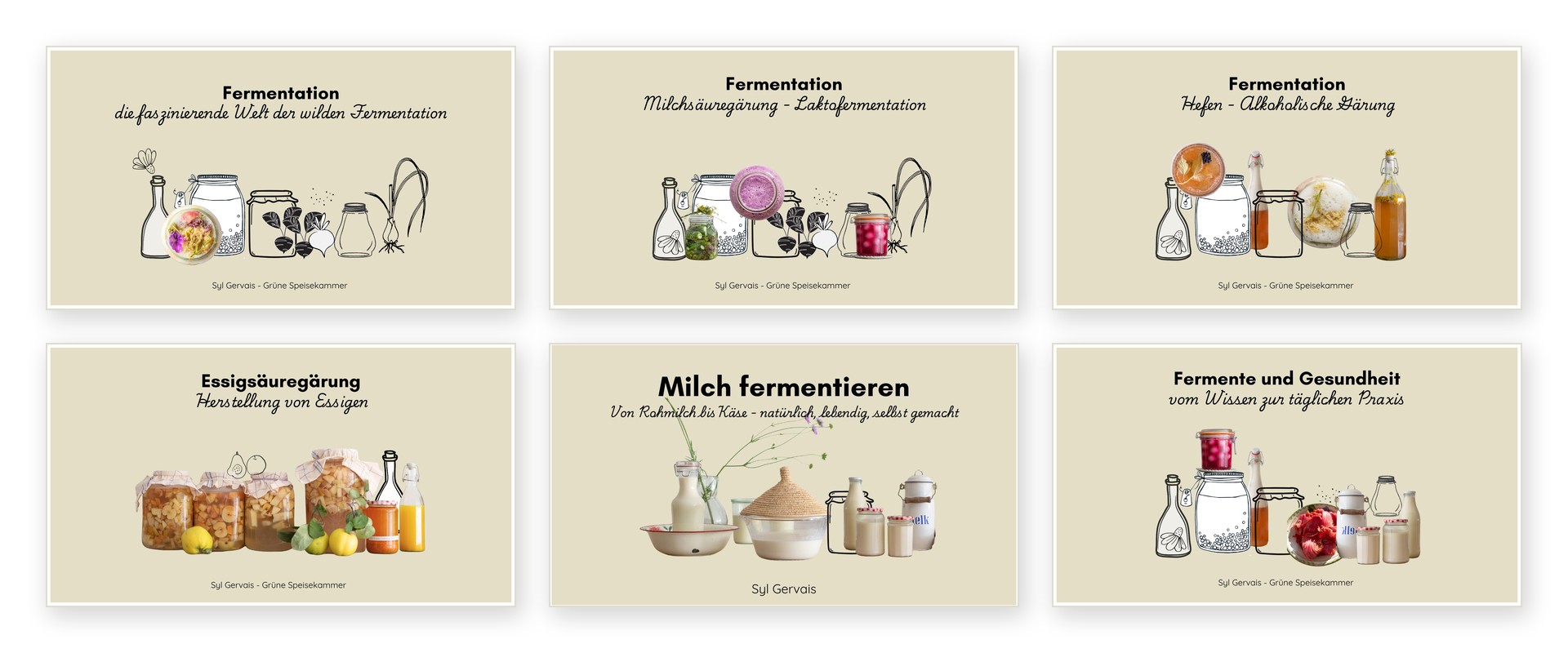 Die Titelblaetter der sechs Lektions-Unterlagen der Wilde Fermente Masterclass im Ueberblick