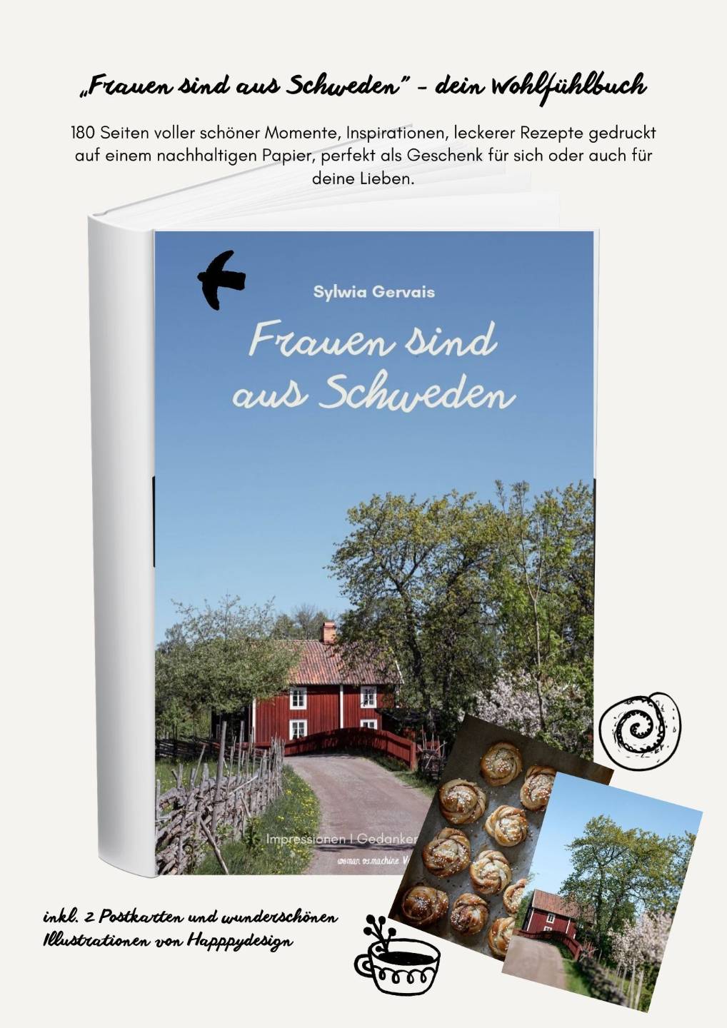 Collage aus Buchseiten und zwei Postkarten zum Buch „Frauen sind aus Schweden"