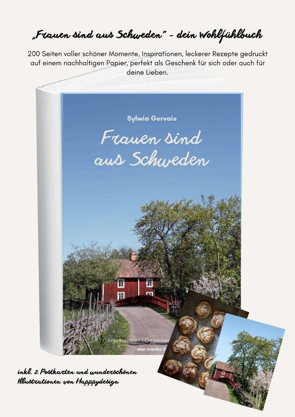 Collage aus Buchseiten und zwei Postkarten zum Buch „Frauen sind aus Schweden"