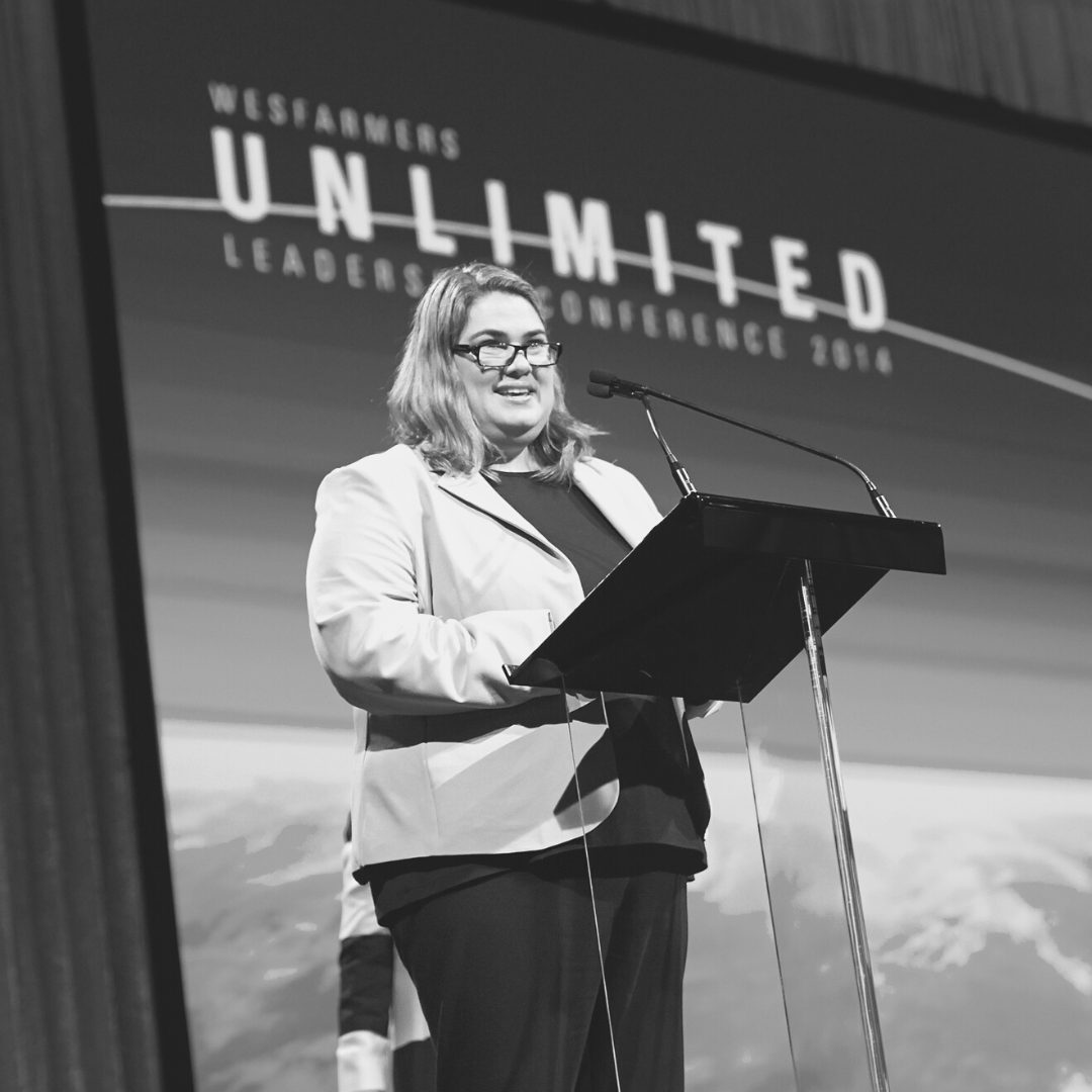 Meredith Wilson delivering a workplace culture keynote to senior leaders