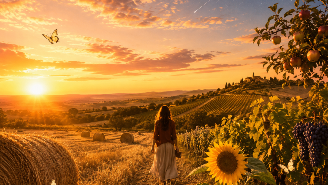 Paysage naturel d'août baigné d'une lumière douce, évoquant la maturité et les récoltes. 