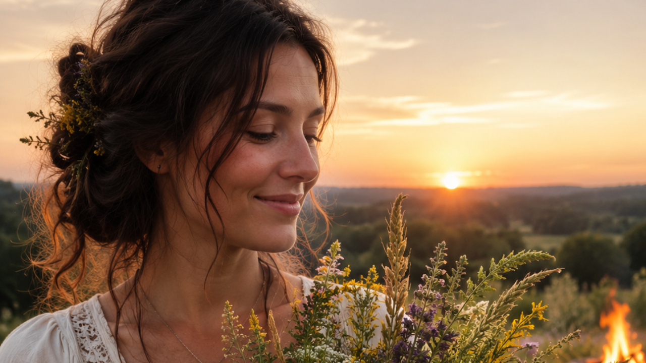Femme de dos célébrant la lumière du solstice de juin dans un champ doré, symbolisant l'abondance et les cycles de la nature.