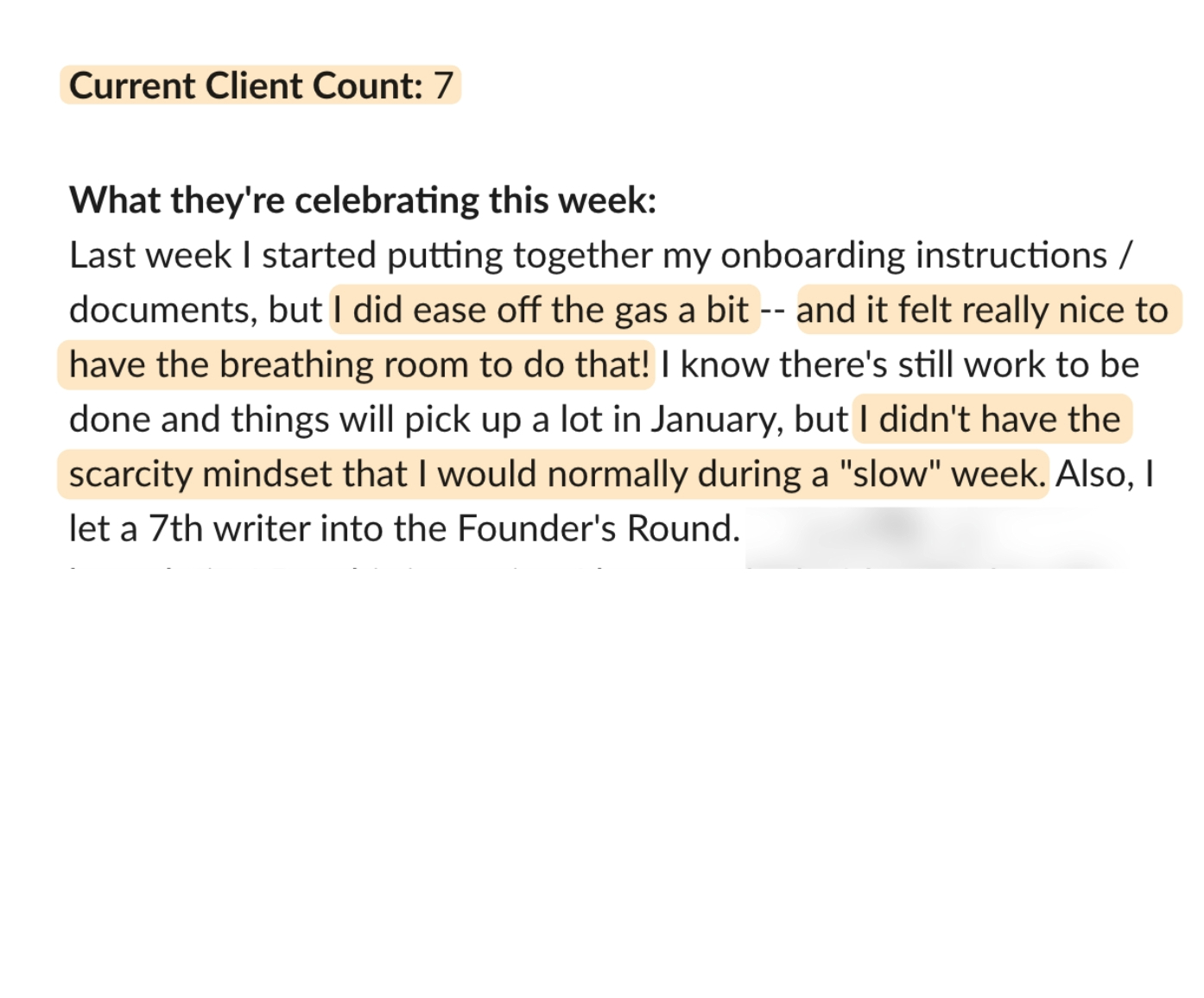 Fast Track weekly check-in: client count 7 and the breathing room to ease off during a slow week
