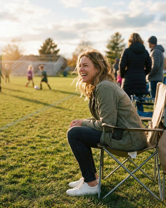 A mum laughing in a camp chair at the side of her kid’s soccer game