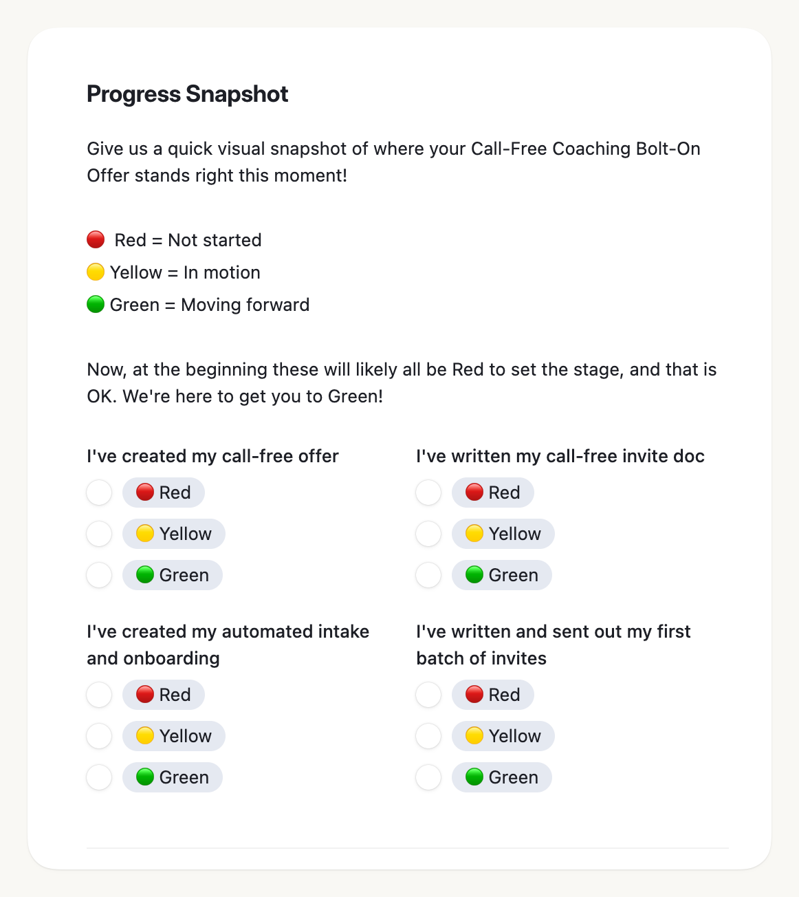Fast Track weekly check-in: a red, yellow, and green snapshot of the offer, invite doc, onboarding, and invites