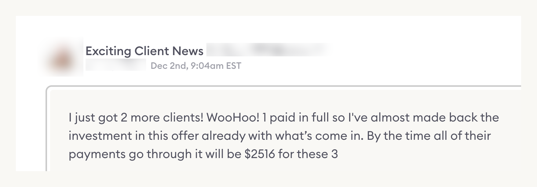 Fast Track client: 2 more clients and $2,516 coming in from 3 clients