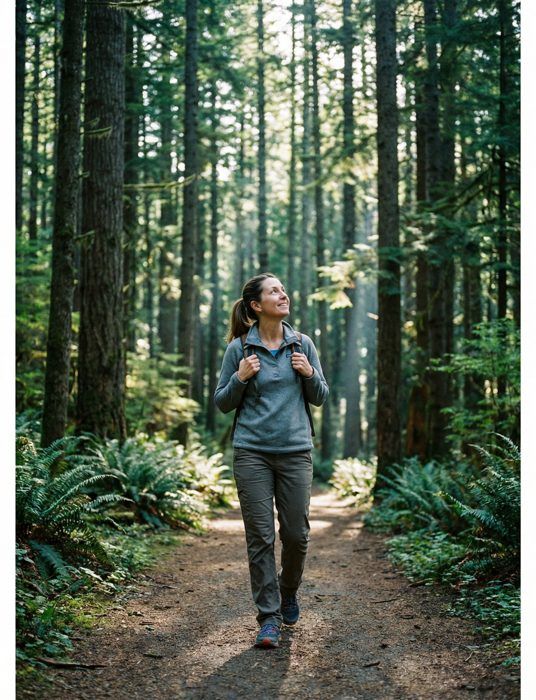 A woman hiking a forest trail on a weekday