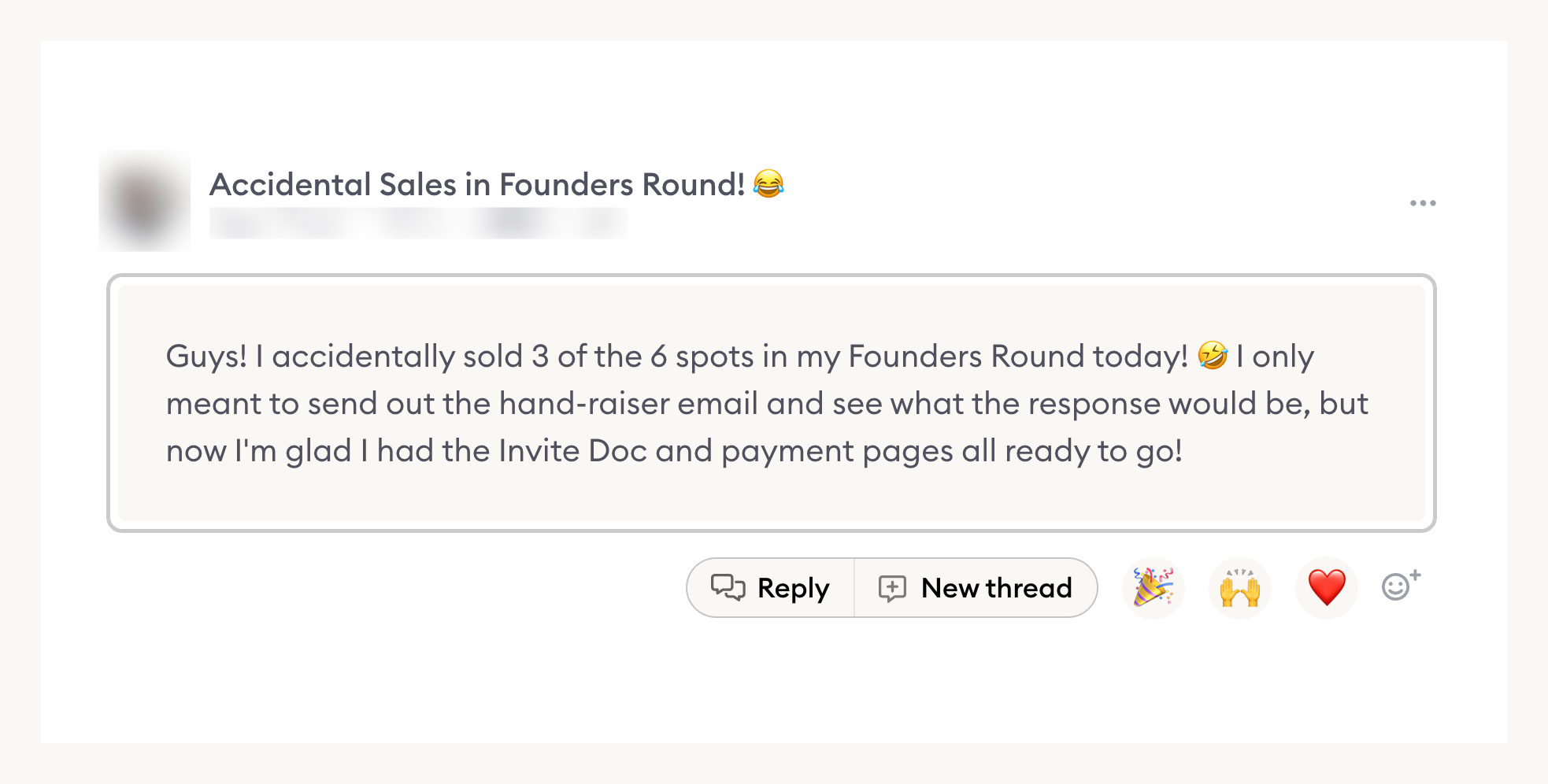 Fast Track client: accidentally sold 3 of the 6 spots in her founders round from one hand-raiser email