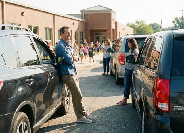A dad leaning on his car at school pick-up, waiting for the kids to come out