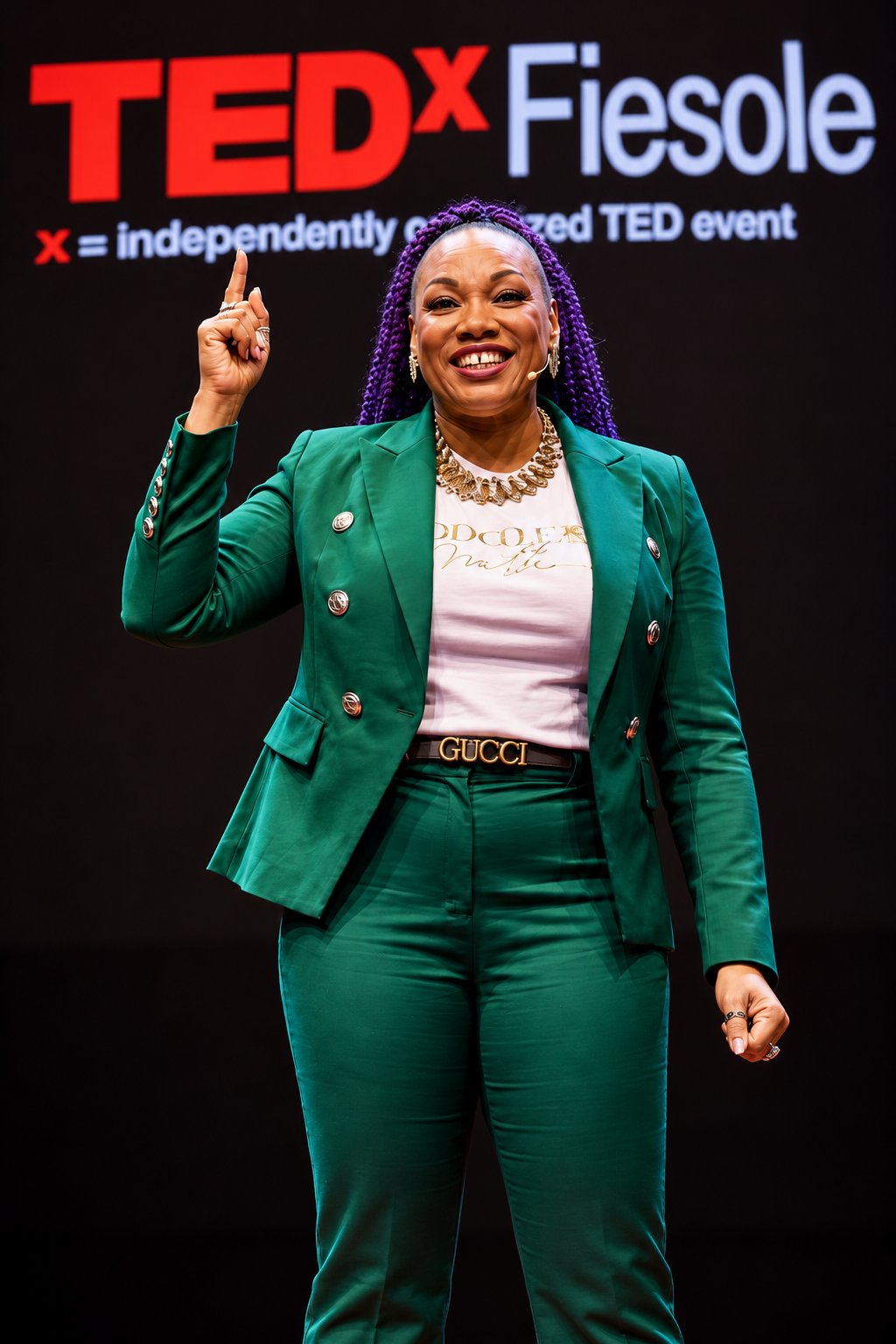 Shameca speaking on the TEDx Fiesole stage