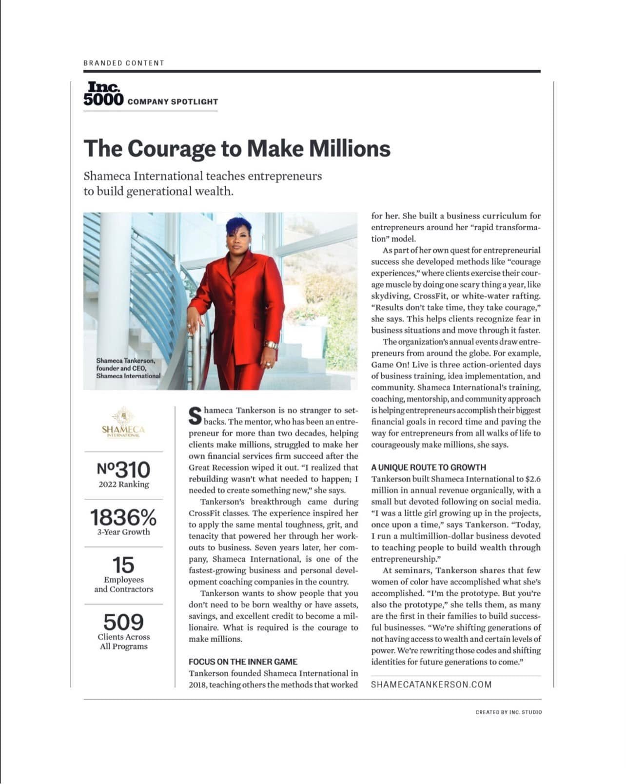 Inc. 5000 Company Spotlight page titled The Courage to Make Millions