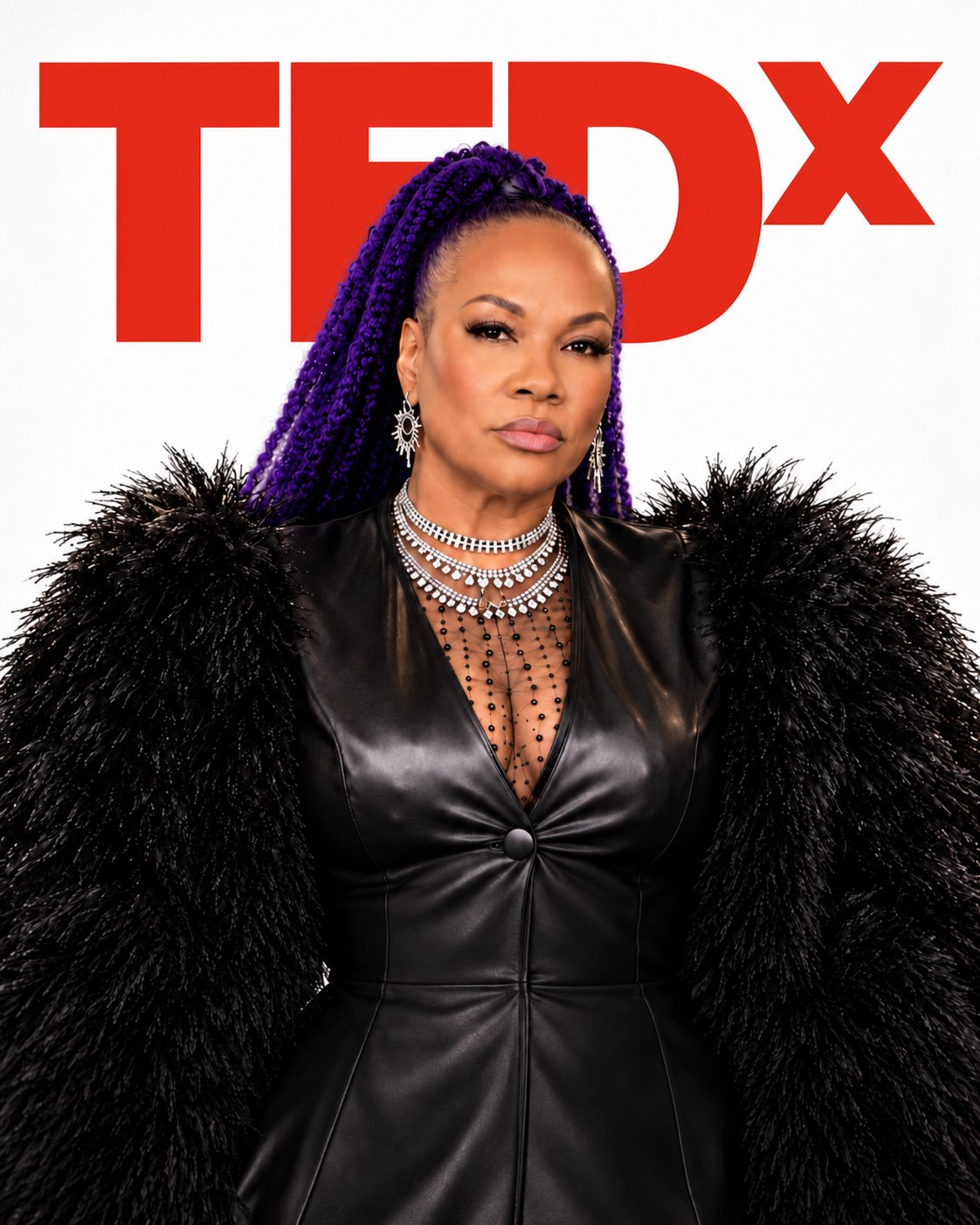 Shameca Tankerson in black leather and feathers in front of the TEDx logo