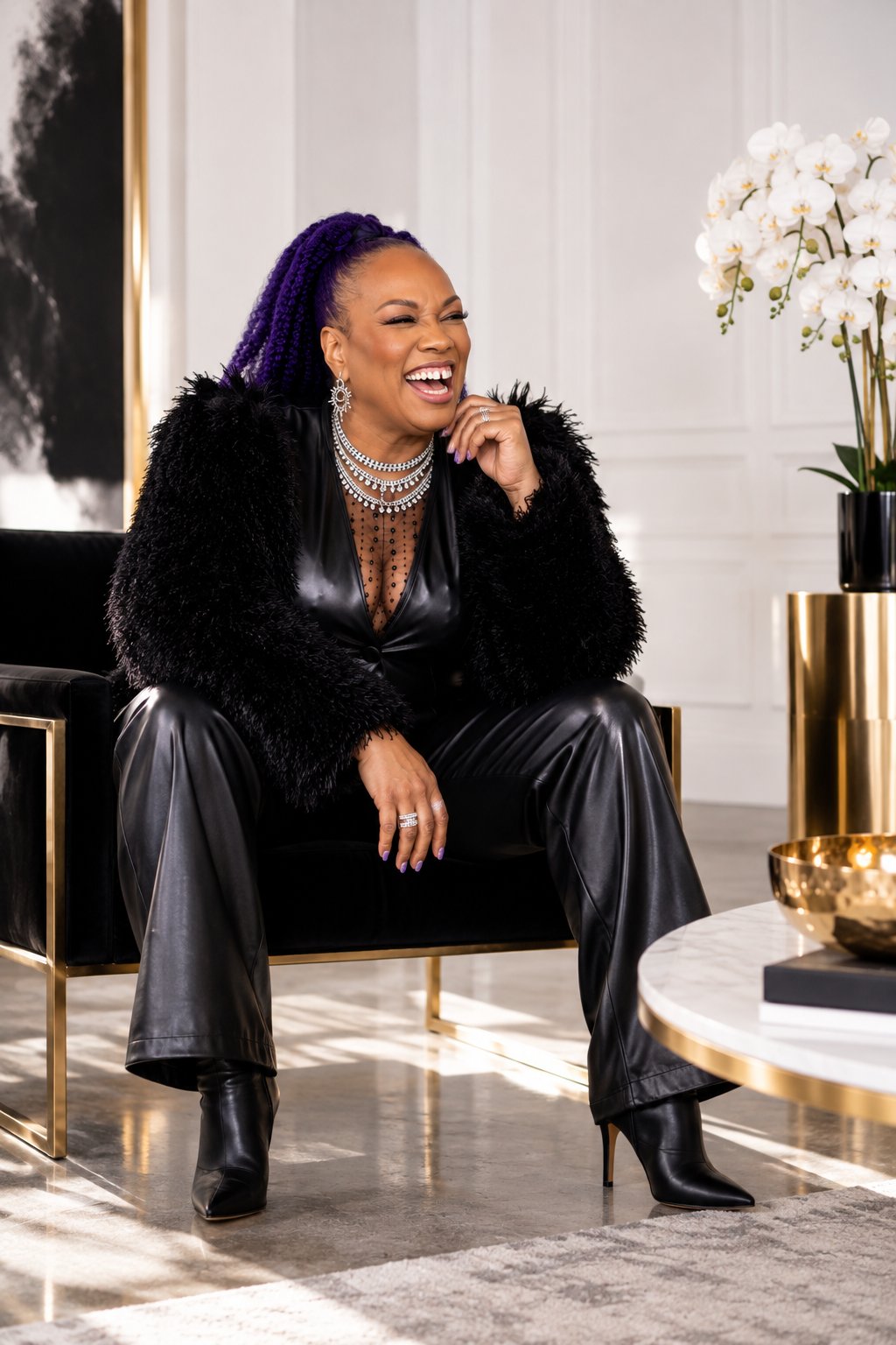 Shameca laughing in a black and gold chair