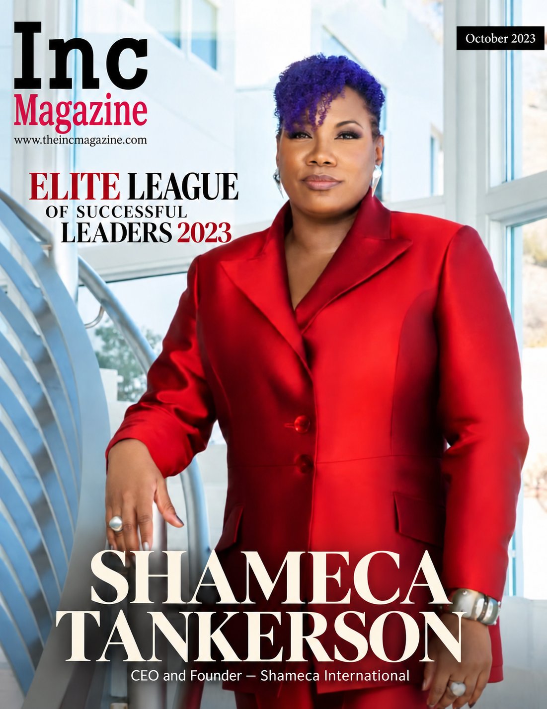Inc Magazine October 2023 cover featuring Shameca Tankerson in a red suit