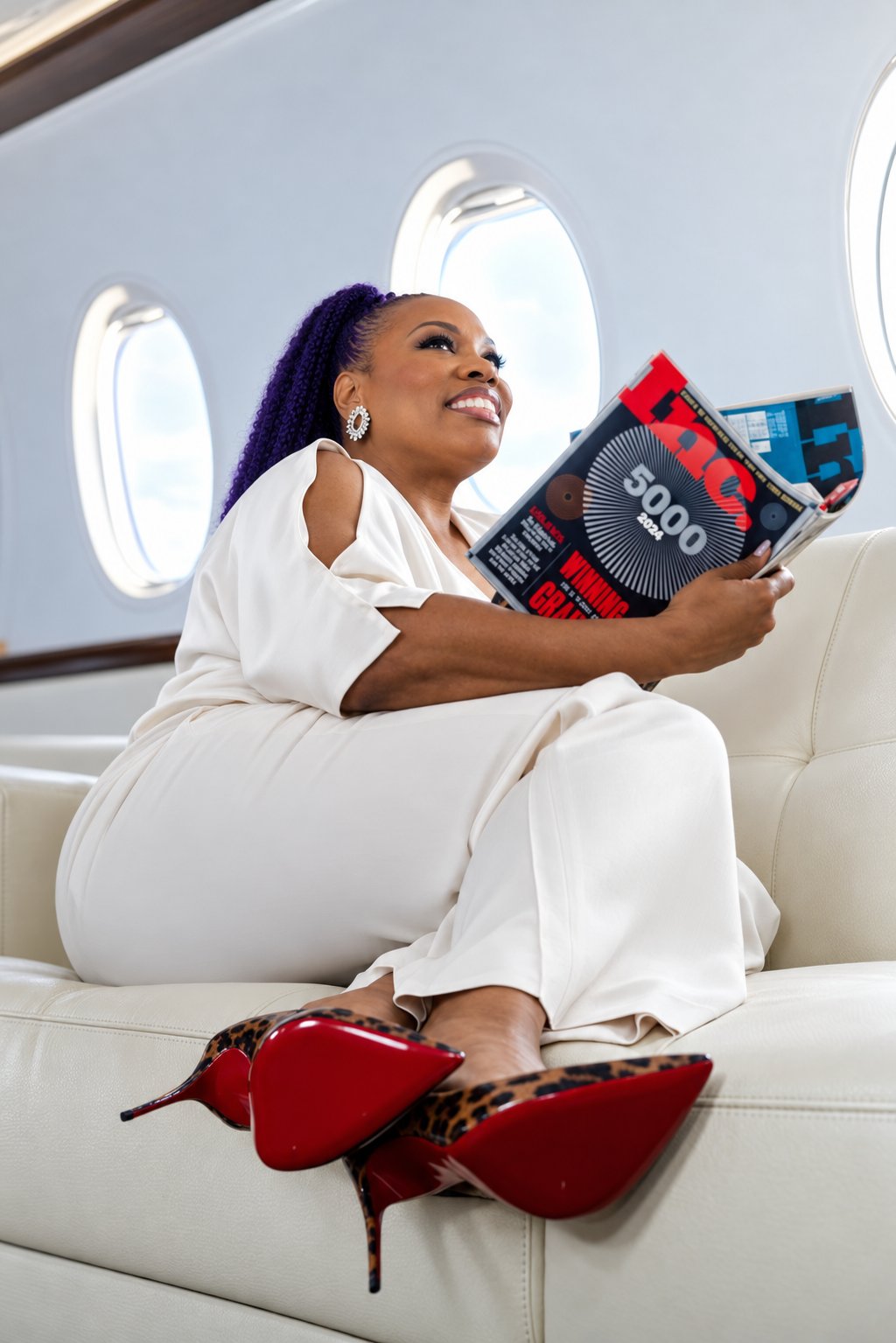 Shameca on a private jet holding the Inc. 5000 issue