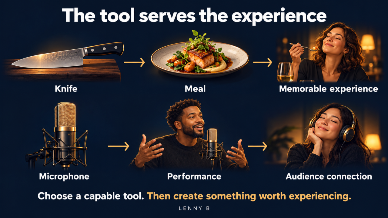 A knife leads to a meal and a memorable dining experience; a microphone leads to a performance and audience connection.