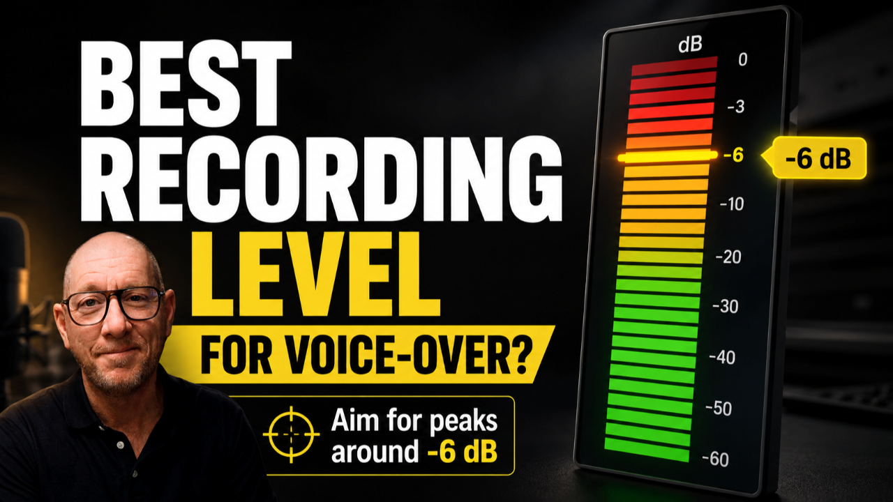 Voice-over recording level meter showing a target peak around -6 dB