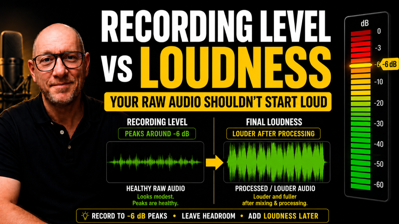 Voice-over recording level vs loudness showing healthy -6 dB peaks before processing