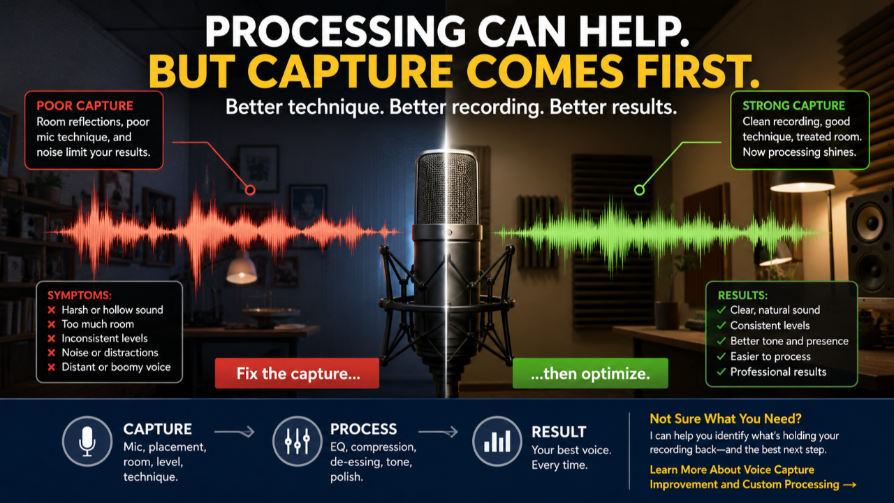 Voice recording comparison showing poor capture versus strong capture and how processing improves a clean recording.