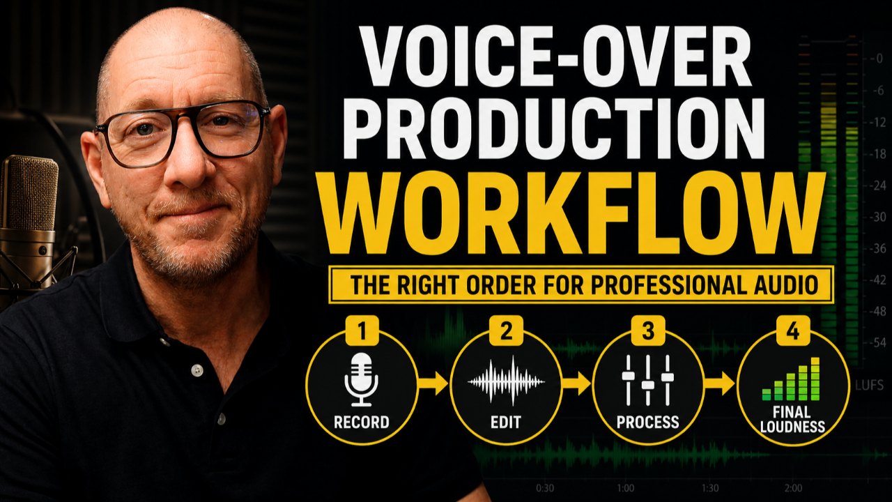 Voice-over production workflow showing four stages: record, edit, process, and final loudness