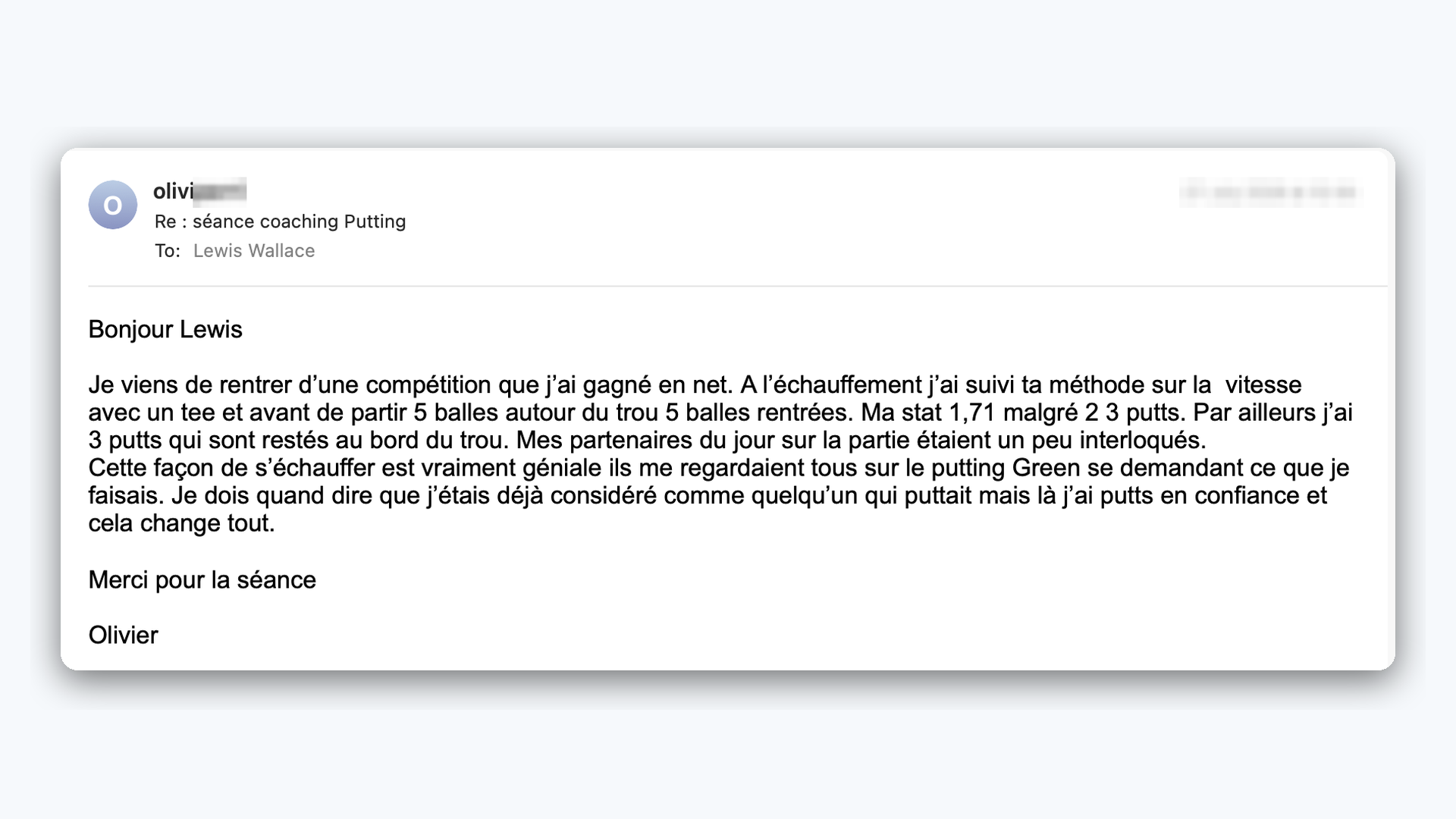 Email d'Olivier, golfeur de l'académie