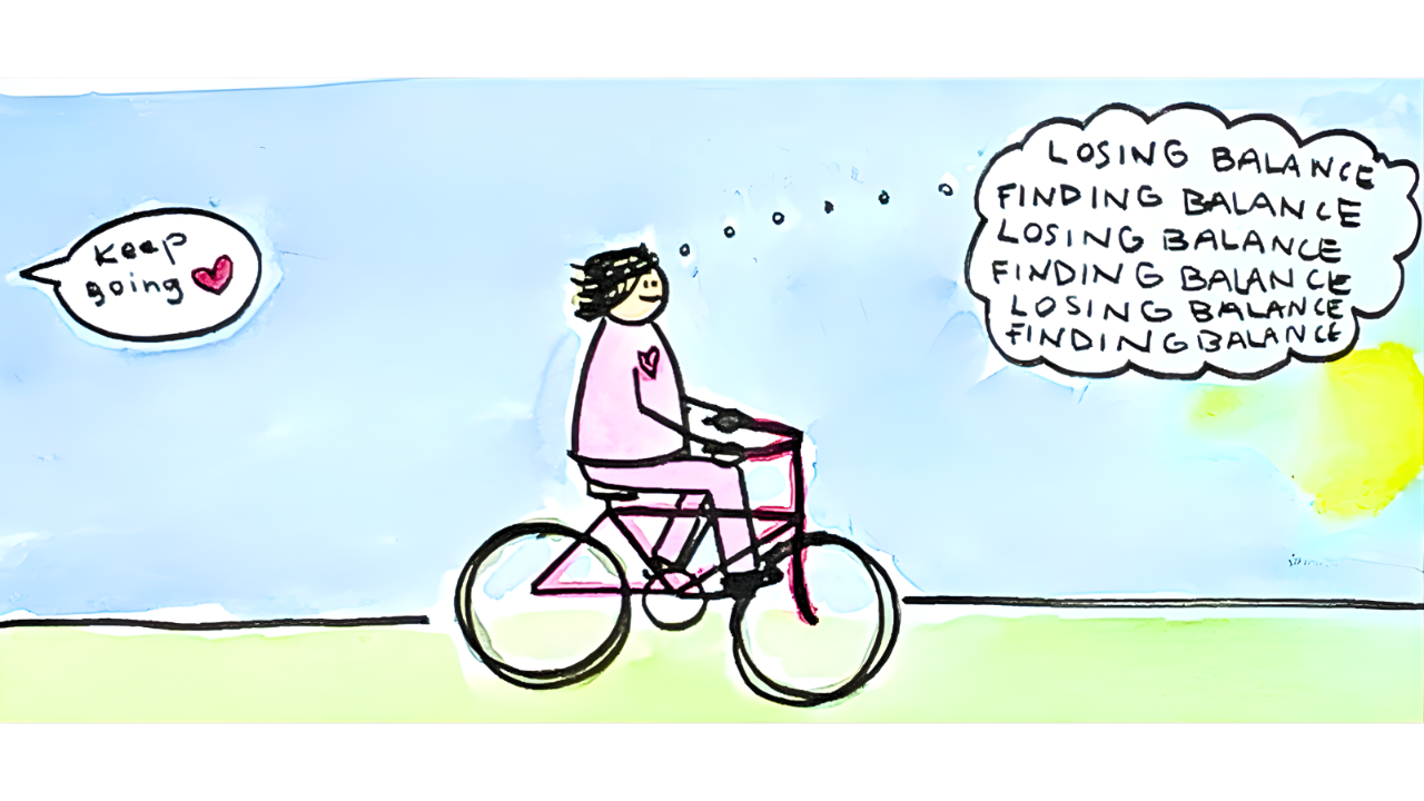 Illustration of a person riding a bicycle, symbolizing losing and finding balance.