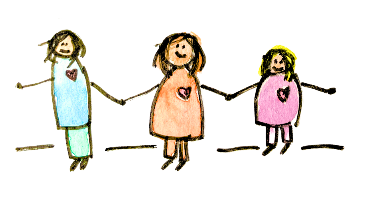 A hand-drawn illustration of three people holding hands, each wearing a colorful dress with a heart on the chest.