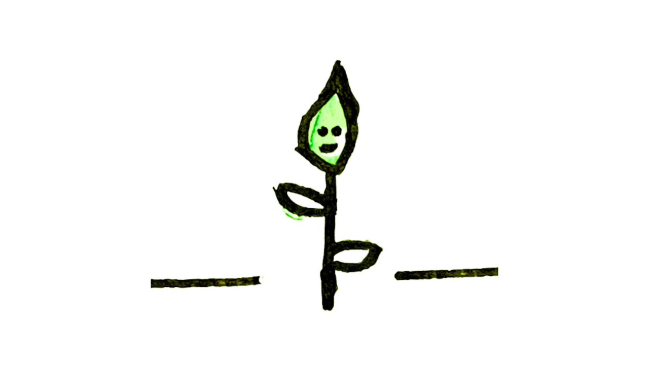 A simple hand-drawn illustration of a smiling green leaf-shaped flower bud with two leaves on its stem, with a horizontal line extending on either side.