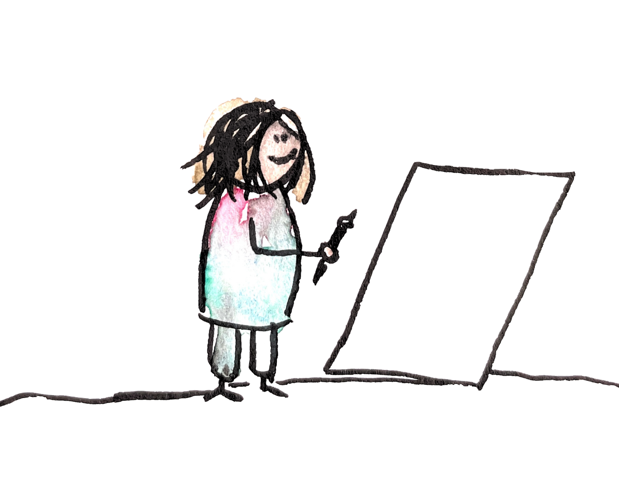Lea’s drawing of a girl with a paintbrush in front of a blank canvas