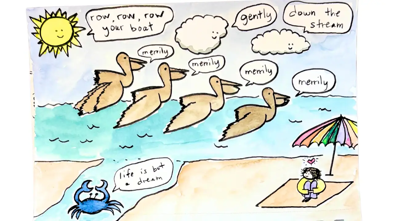 pelicans and crab singing row row row your boat