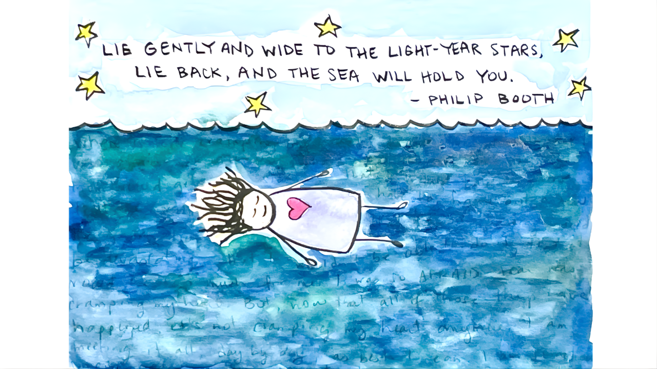 Illustration of a person floating in the sea beneath the stars, symbolizing rest and trust.