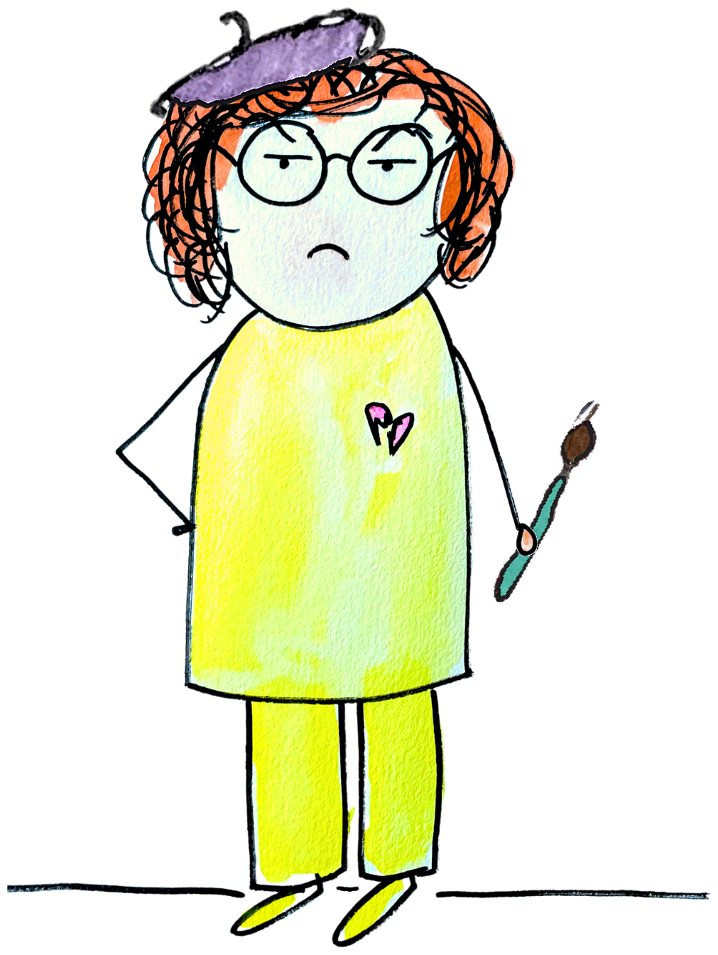 Lea’s drawing of a grumpy inner critic in a beret, holding a paintbrush