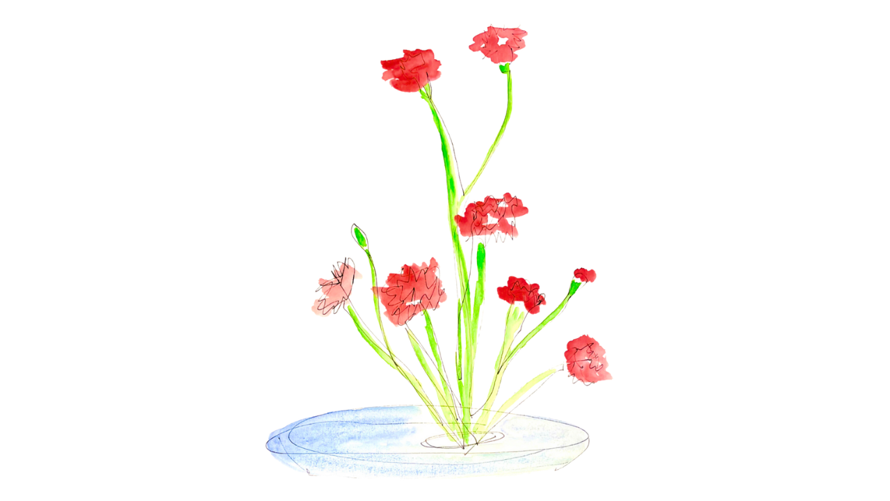 A hand-drawn watercolor-style illustration of red and pink flowers growing from a blue dish against a white background.