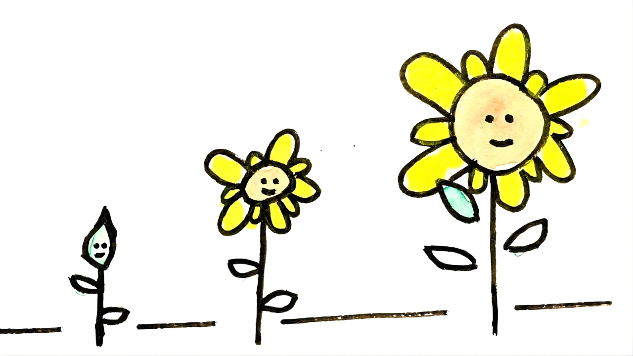 Illustration of a plant growing into a smiling sunflower, symbolizing growth and connection.