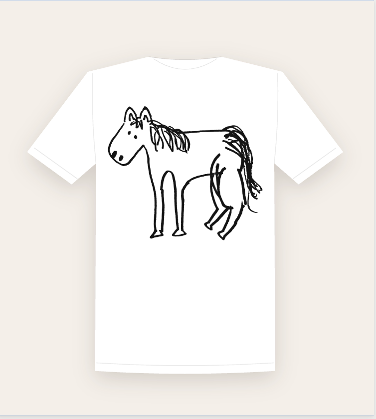 Mockup of a t-shirt with the hand-drawn post-it horse printed large on the front