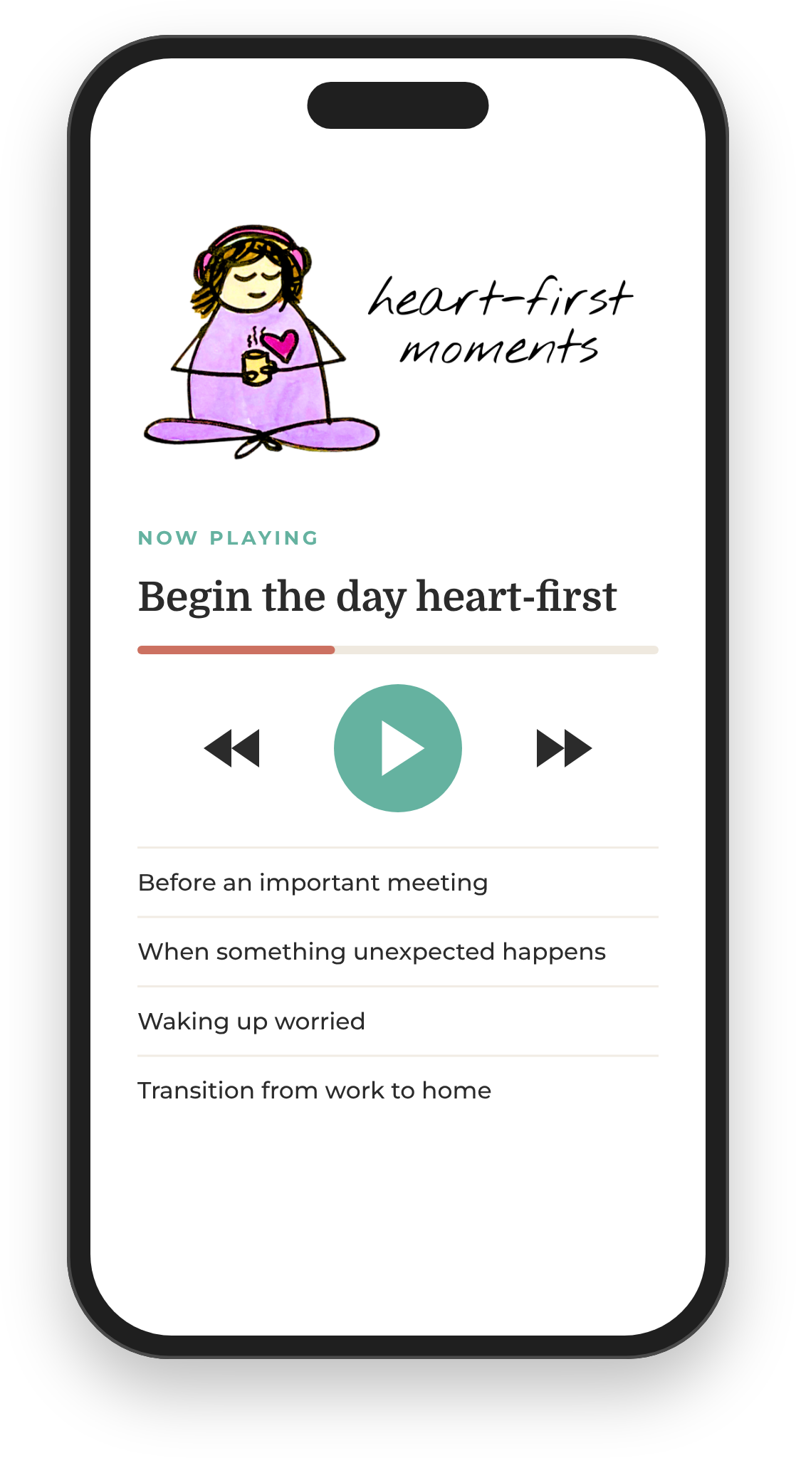 Phone showing the Heart-First Moments meditation player