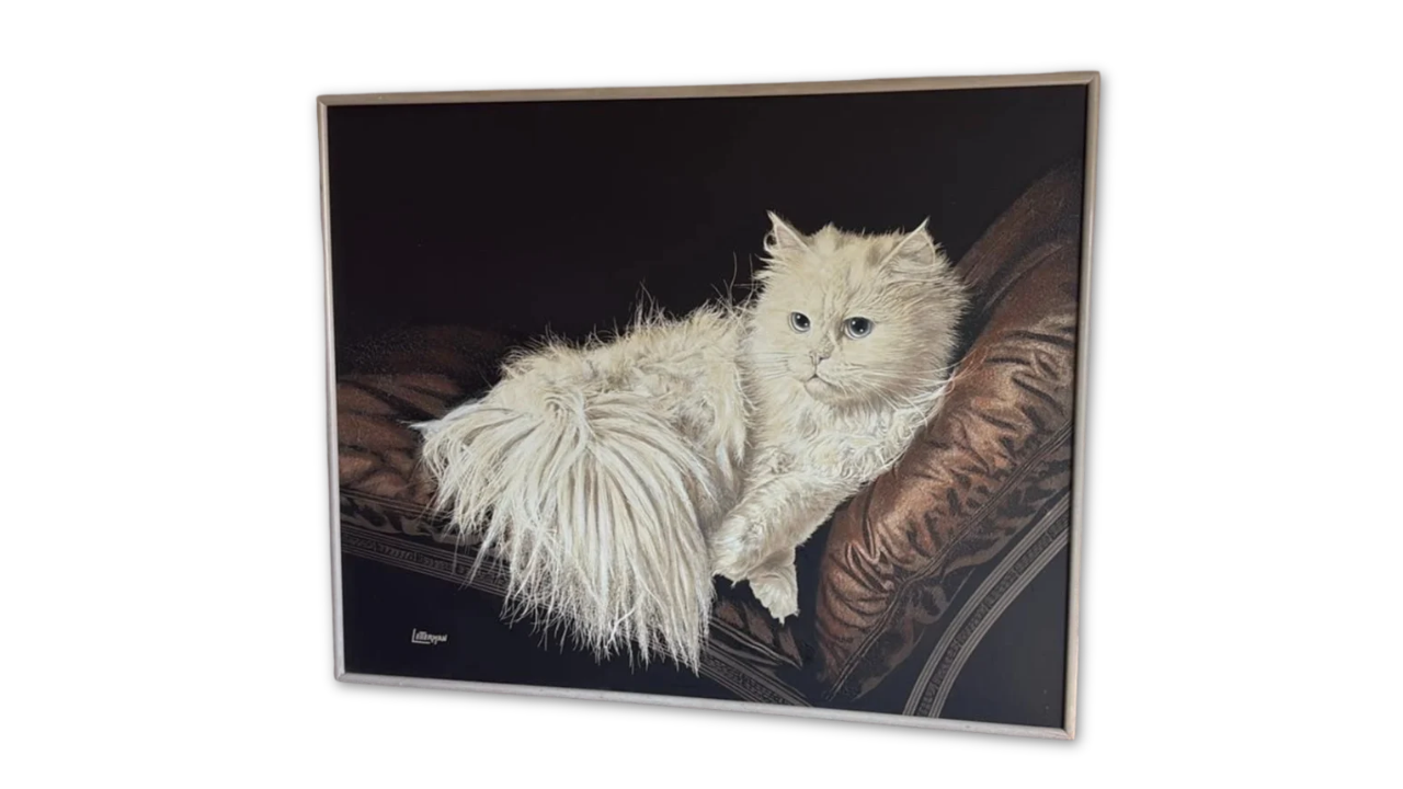 A framed image of a fluffy white cat resting on a brown upholstered chair against a dark background.