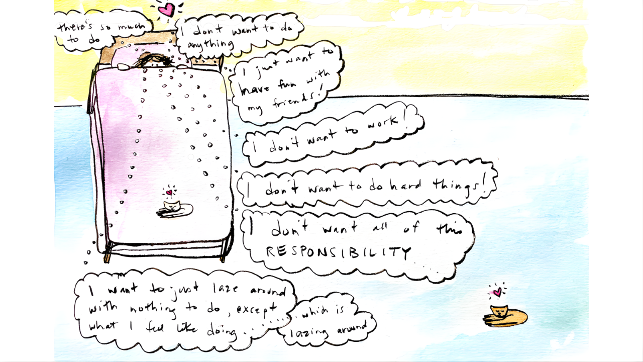 Illustration of a person in bed surrounded by “I don't want to” thoughts, symbolizing the Sunday scaries.