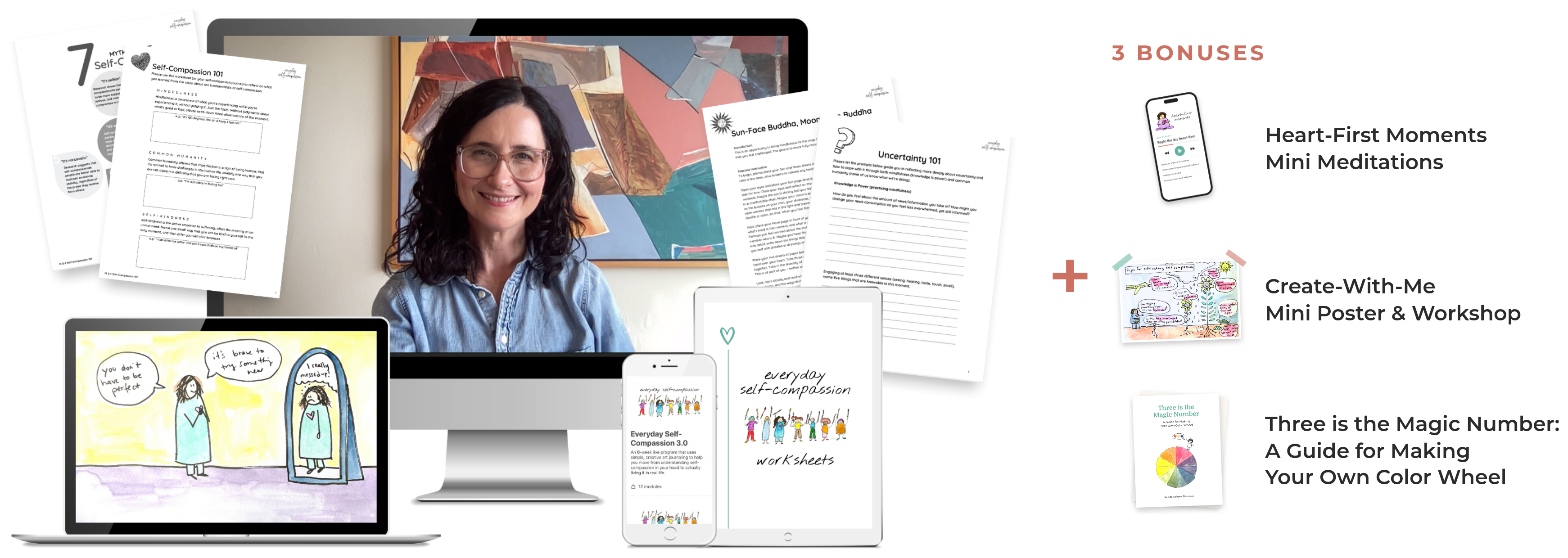 Everything in Everyday Self-Compassion: the program on a desktop, laptop, phone and tablet, worksheets, plus the three bonuses