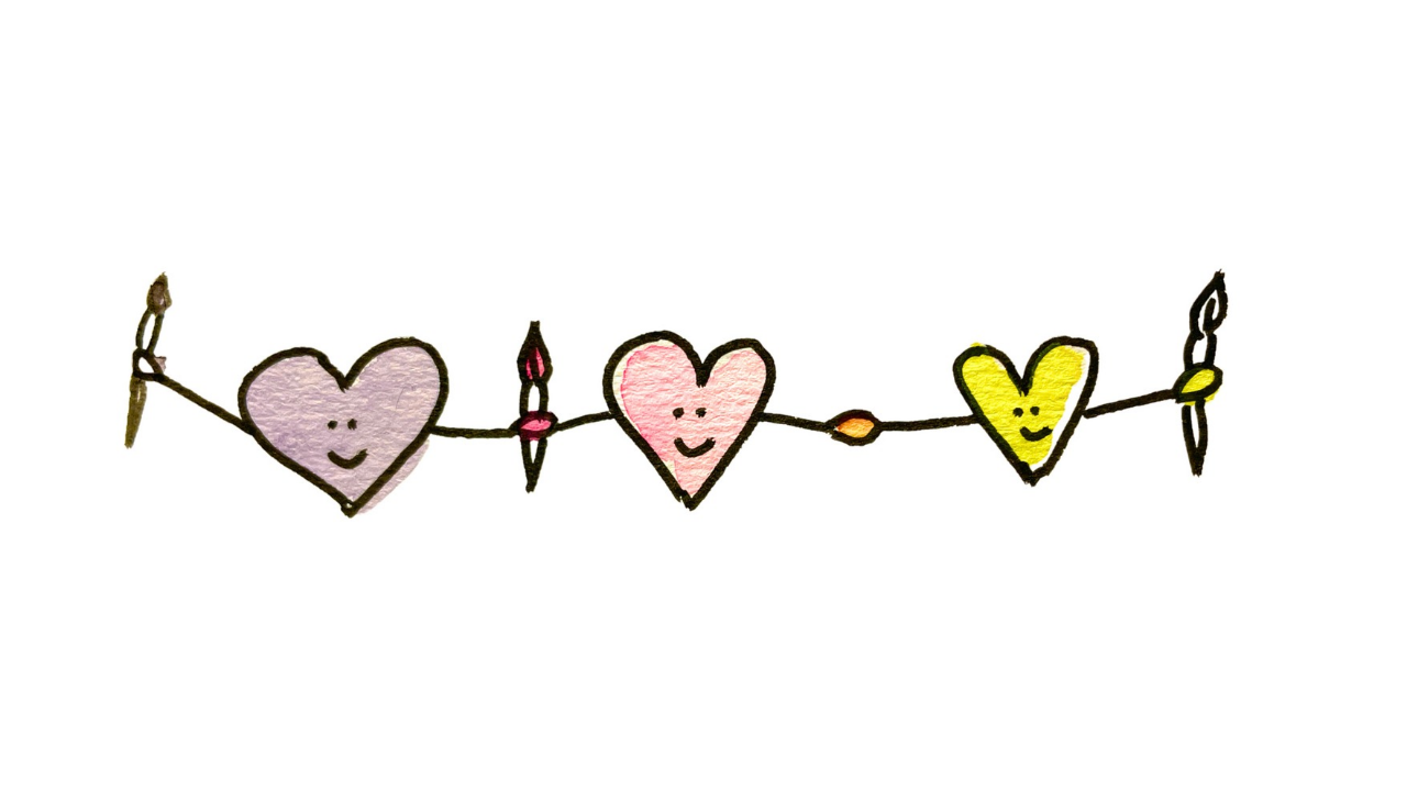 A hand-drawn illustration of three smiling hearts in purple, pink, and yellow, connected by a string with small colorful decorative shapes.