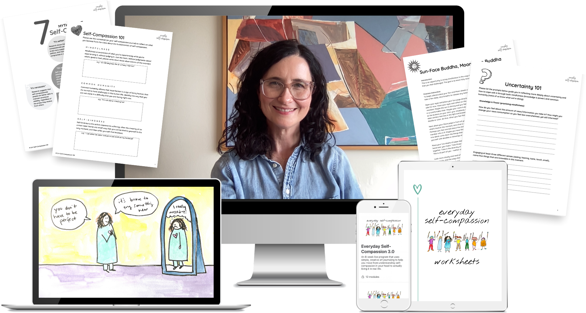 Everyday Self-Compassion program: live class with Lea, art journaling video, app, and printable worksheets