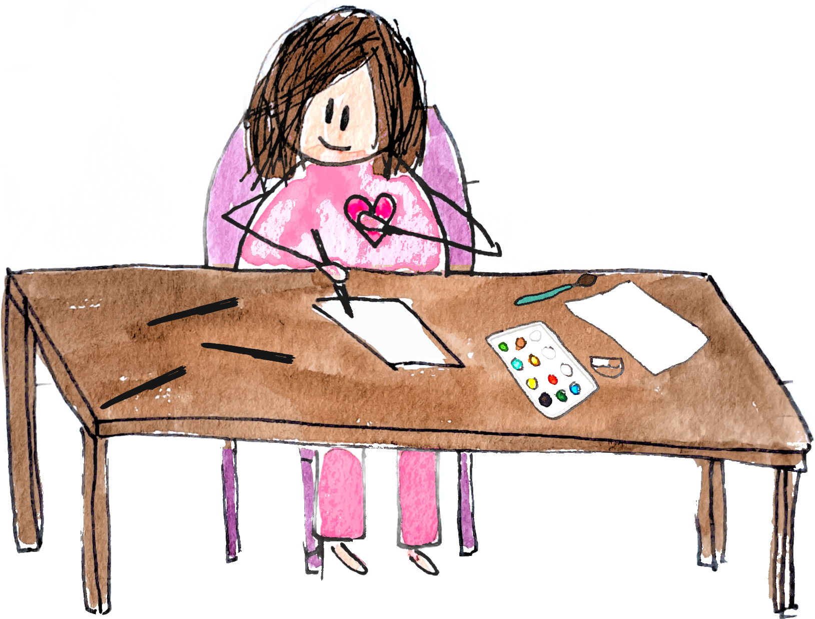Lea’s drawing of a girl at a kitchen table with paints, paper and markers