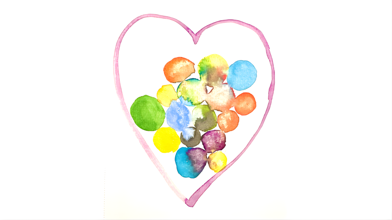 Watercolor heart filled with colorful circles, symbolizing a heart with room for it all.