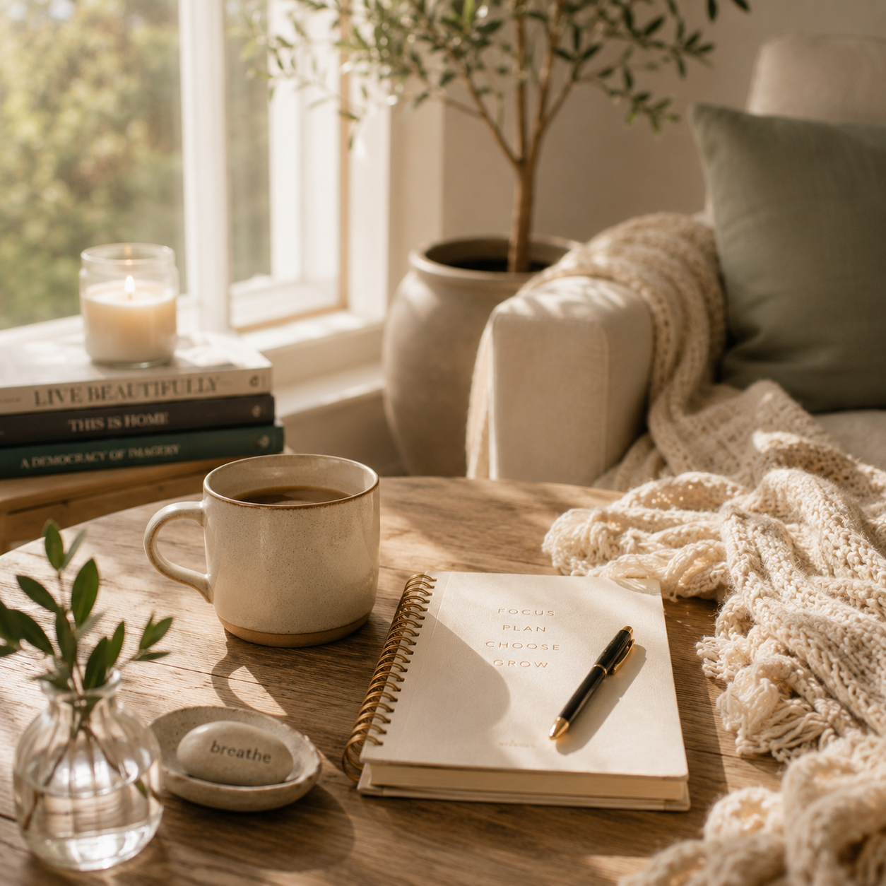 Cozy morning with coffee and journal on the table
