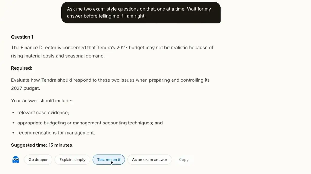 FinnAI setting an exam-style question on Tendra's 2027 budget, for the November 2026 Operational Case Study